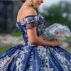 2022 Bling Quinceanera Kleider Royal Blue Pailletten Spitze Schulterfrei Silber Spitze Applikationen Perlen Pailletten Zug Sweet 16 Party Abendkleid Abendkleider