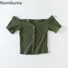 Nomikuma Slash Neck Off Shoulder Tops Women Solid Color Single Breasted Slim Fit Short T Shirts High Street Stretch Tshirts 210514