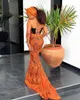 Sexy Spitze Abendkleider Aso Ebi Stil V-ausschnitt Sheer Meerjungfrau Plus Größe schwarz orange afrikanisches abendkleid vestidos de gala