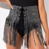 Kadınlar Rhinestone Pulin Pubsel Fringe Etekler Bikini Kapaklar Metal Vücut Zinciri Bandage Mini Parti Kulüp Dans Performansı Kadın Mayo