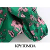 KpyTomoa Mulheres doces moda estampa floral blusas cortadas vintage v pescoço de pescoço para trás camisetas femininas estriadas chiques 210326