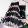 Vintage gradiënt inkt gedrukt mesh geplooide vrouwen lange rokken hoge taille harajuku paraplu vrouwelijke rok lente zomer 210428