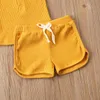 Commercio all'ingrosso Neonati Bambini Ragazze Ragazzi Set di abbigliamento per bambini Abiti in cotone senza maniche Bottoni anteriori Top Cinghie Pantaloncini 2 Pezzi Abiti estivi