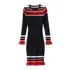 Röd svart rosa o nacke långärmad ruffle stickad randig knä längdskede bodycon höst vinter klänning elegant d0826 210514
