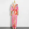 Galcaur розовый принт винтажным платьем для женщин V шеи с длинным рукавом высокая талия попал в цвету боковой сплит пола длиной сексуальные платья женщин 210806