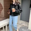 Pu Leather Women Coat Autumn Full Sleeve Single Breasted Turn-down Collar Jacekt Korean Cool Girl Fashion Tops Coats 210513