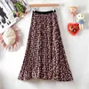 Surmiitro Sommar Midi Long Pleated Skirt Kvinnor Koreansk stil Blå Chiffong Blommig Print Hög midja Mid-Length Kjol Kvinna 210712