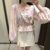 Women Blouses Pink Tie Dye Ruffle Blouse Woman Summer Long Sleeve Crop Top Female Elegant Front Button Elastic Hem Tunic 210430