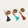 Porte-clés en perles de bois, bijoux, porte-clés en perles de bois, peut imprimer un pendentif rond et pompon en coton, 5 couleurs