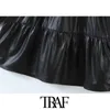 Women Chic Fashion Faux Leather Pleated Mini Dress Vintage O Neck Long Sleeve Female Dresses Vestidos Mujer 210507