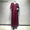 Sisakia Jalabiya Robe Maxi à manches longues pour femmes Automne Nouveau Dubaï Abaya Mode Diamant Ruban V Cou Musulman Arabe Robe 210325