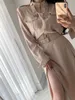 Женская Осенняя рубашка Платья высокая талия Полный рукав Повседневная кармана Сексуальная раскол Свяжите длинные Vestidos 210520