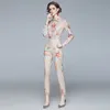 Elegant Print Female Suit Shirt + Pocket Straight Pant Suit Two Piece Set Women Long Sleeve Flower Print Blouse Top Trouser Suit 210514