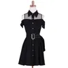 Ihålig sexig av axel singelbröst klänning svart koreansk sommar kortärmad för kvinnor Casual Street Vestidos 210529