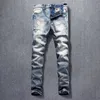 Italiensk stil mode män jeans högkvalitativa broderier designer rippade denim byxor ljusblå patchwork hip hop långa byxor
