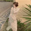 Nomikuma 3D Butterfly Decoration Elegant Dress Women Square Collar Long Sleeve Lace Dresses Arrival Slim Waist Robe Femme 210514