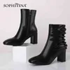 Sophitina Fashion Ankle 부츠 캐주얼 봄 가을 Pleated Square Toe 지퍼 부츠 정품 가죽 미끄럼 방지 여성 신발 SO676 210513