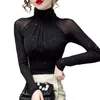 Mode coréenne femmes haut en maille col haut Sexy noir bas t-shirt décontracté brillant soie dame chemise Blusa 210819