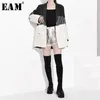 [EAM]ルーズフィットグレーコトラストカラースプリットニットジャケットラペル長袖女性コートファッション春秋JZ2481 211112