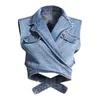 Patchwork Denim Coat för Kvinnor Lappa Ärmlös Hög Midja Kors Lace Up Hollow Out Blue Coats Kvinnlig Kläder 210524