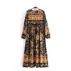 Outono Bohemia Lacing Up V Pescoço Cópia Flor Longo Vestido Preto Boho Mulher Manga Tassel Estranha Vestidos de Férias Praia 210429