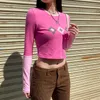 Heyoungirl Argyle Pink Sweat Y2k Crop Top T-shirt Dames Casual Katoen Lange Mouw T-shirt Dames Patchwork Fashion Tee Shirt Y0629