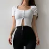 Cut Out Ribbed Y2K Crop Top Short Sleeve Women's T-Shirt Female Summer Button Up Party Casual White Tee Shirt Streetwear 210510