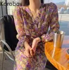 コロバフ韓国のシックなレトロな印刷の気質のドレスハイウエストヒップラインシフォンvestido vネッククロスデザインRopa Spring 210430