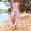 Jurken voor Vrouwen Mouwloze Hoge Taille Backless Party Sexy Hem Split Big Swing Beach Holiday Vestido Boho 210513