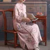 ジョニー教徒の女性中華風のドレスプリントフローラルスタンドセブンスリーブ春の高品質女性Aラインビンテージドレス210521