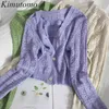 Kimutomo Solid Hollow Out Cardigans Girls Spring Summer Elegant Clothing Women V-neck Long Sleeve Breasted Top Thin 210521