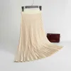 HLBCBG Vertical Striped knitted Women Sweater Skirt Elastic Band Pleated Midi Skirts Chic High Waist A-line Female 210621