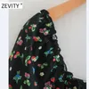 Zevity Kobiety Vintage Kwiat Drukuj Split Midi Sukienka Kobiet Puff Rękaw Płaski Dorywczo Slim Vestidos Chic Party Dresses DS4196 210603