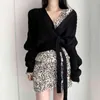 V-neck Knitted Belted Cardigan Sweater Women Full Sleeve Lace-up Coarse Yarn Tops Solid Fashion Korean Ladies Jumpers Femme 210513