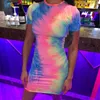 Gökkuşağı Neon Tye Boya Seksi T Gömlek Elbise Kadın Yaz Giyim Moda Kısa Kollu Mini Bodycon Elbiseler 210730