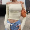 Yedinas Sexig Slim Mesh Crop Top Women Flare Sleeve Off Shoulder Slash Neck Bodycon T Shirts Se genom Streetwear Spring 210527