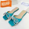 2023 spring and summer new women's luxury slippers silk surface Rhinestone Beaded bow decorative square head flat sandals