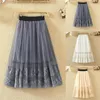 Skirts Pleated Mesh Overlay Women Skirt Swing Waist Elastic Big A-LineTulle Floral