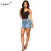 Liooil Blue Denim High Waist Hole Mini Kjol med Pocket Kvinnor Kläder StreetWear Wash Distressed Drawstring Sexy Bodycon Kjolar 210619