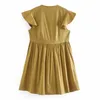 Summer V Neck Pleated Dress Butterfly Short Sleeve Loose Casual Mini es For Women Ruffles Khaki Color Cotton 210515