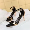 صندل Bigtree Fashion Pu Ongle Buckle Strap Peep Toe Sexy Thin High High Barty Shoes Women Sandalias Solid Sandalias de Las Mujeres