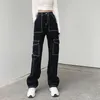 Women's Jeans 2021 Black High Waist Cargo Pants Women Fashion Big Pockets Patchwork Baggy Denim Harajuku Trousers Streetwear