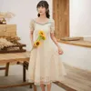 Chic Lace Crochet Women Dress Summer French Vintage Square Collar Bandage Elegant Party es Vestidos 13972 210512