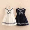 Summer 3-10 11 12 Years Teenage Children Sailor Collar Blue White Military Baby Kids Navy Style Sleeveless Dress For Girls 210625