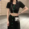 Black Solid Short Sleeve Turn Down Collar Shirt Cropped Midi Skirt Two Piece Set Summer Women Green Button T0252 210514