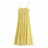 Vestidos mulher verão amarelo deslizamento longos mulheres sem encosto ruched beach midi plissado casual mulheres 210519