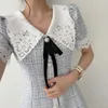 Verão elegante mulheres casuais recolher colarinho de manga curta patchwork Tweed single-breasted vestido 210531