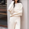 Knitted Two Piece Set Cashmere Wool Soft Comfortable Tracksuit Women Casual Loose Crop Top Short Sweater + Wide Leg Pants Sets 210514