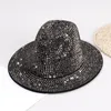 Höst Vinter Kvinnor Rhinestone Decor Jazz Hat Wide Brim Ullfilt Fedora Hattar Med Kristall Män Party Bröllop Formell Cap