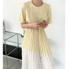 Koreański Chic Lato Temperament Slim Kontrast O Neck Krótki Rękaw Plisowany Sukienka Kobiety Sashes Robe Femme Vestido Mujer Elegancki 210610